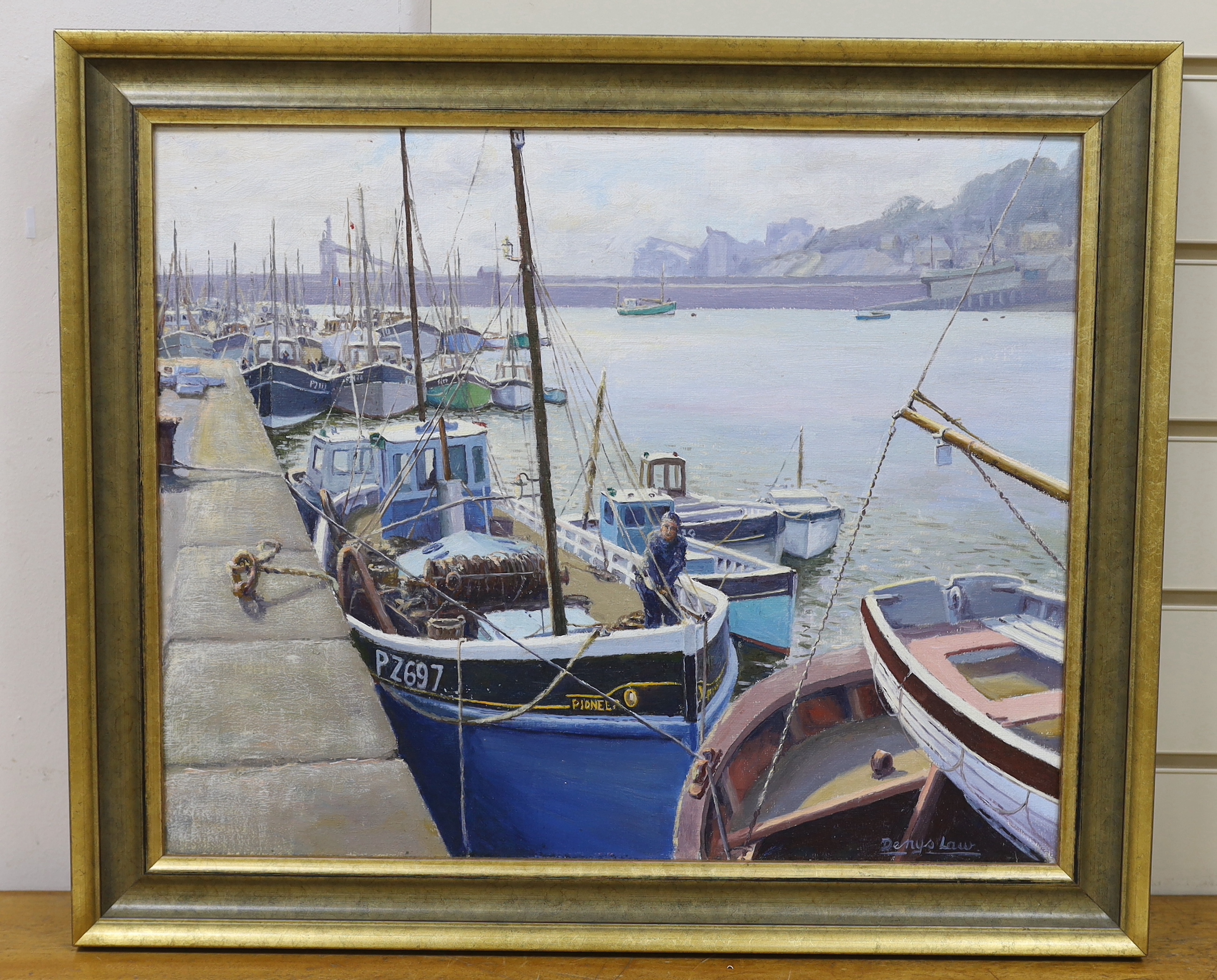 Denys Law (1907-1981) Modern British, oil on board, Harbour scene with fishing boats, signed, 40 x 49cm